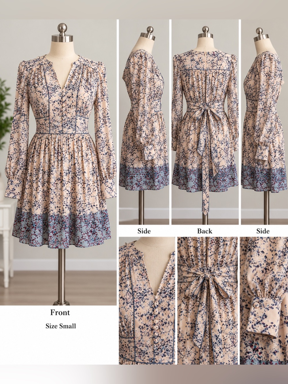 BCBGMaxAzria Beige & Blue Floral Long-Sleeve Tie-Back Mini Dress
